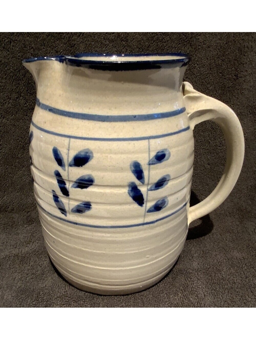 Rustic Salt Glazed Stoneware Hand Painted with Blue Floral Design Pitcher